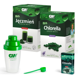 Bio Chlorella w tabletkach + Bio Sok z Jęczmienia w proszku + shaker + miarka + pojemnik