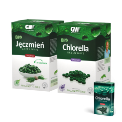 Bio Chlorella w tabletkach + Bio Sok z Jęczmienia w tabletkach + pojemnik